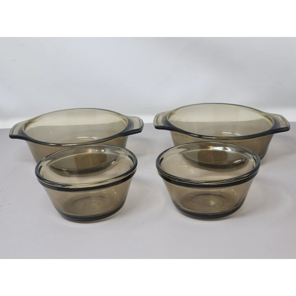 Vintage Lovenware Amber Glass Casserole Dishes‎ & Bowls Set Of 4 With Handles